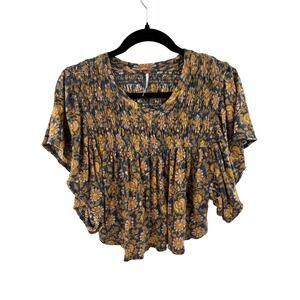 Free People Smocked Floral V-Neck Top Short Sleeve Boho Blouse Navy Mustard M
